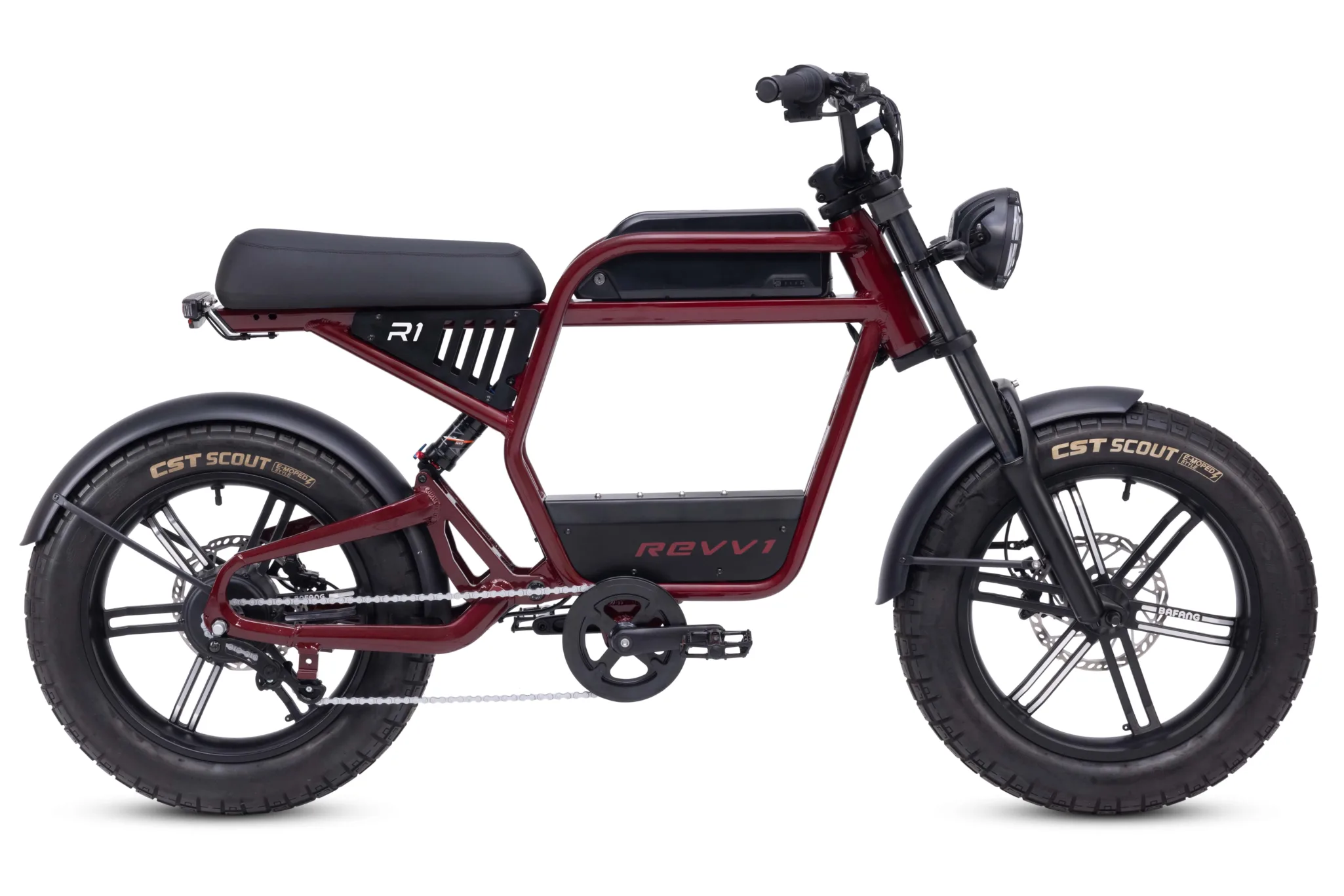 Ride1Up Revv1 FS — moped-style electric bike with fat tires and cafe racer frame